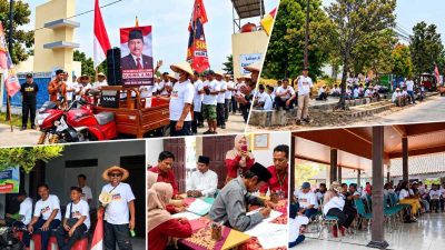 Suasana pendaftaran Pilkades Laban 2026 diwarnai kehadiran puluhan pendukung dengan atribut kampanye Sugino.